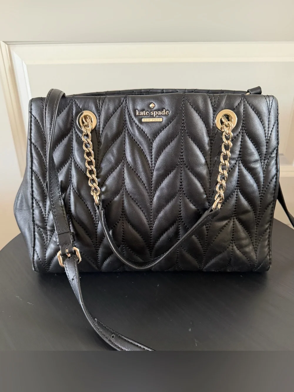 kate spade Black Quilted Leather Shoulder Bag with Gold Chain Straps